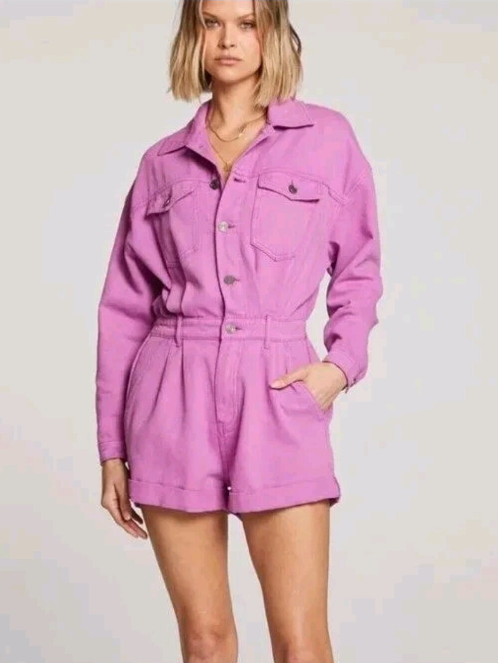 Saltwater Luxe NEW Jayde Lilac Purple Denim Long Sleeve Jean Shorts Romper Small